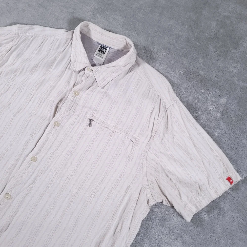 The North Face Shirt Mens XXL Beige Striped Button Up Short Sleeve Hiking Travel